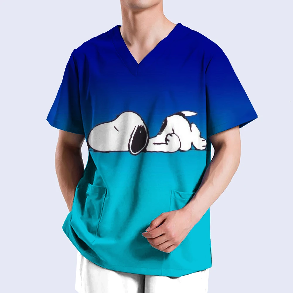 Medical uniform men's nurse Snoopy printed frosted cloth solid V-neck short sleeved shirt hospital top surgical gown men's denti