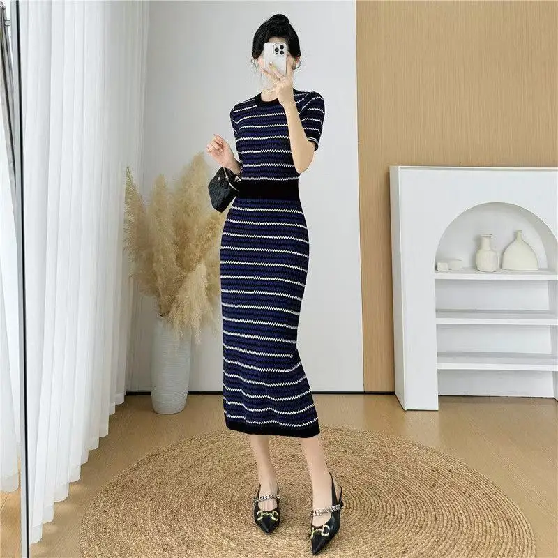 New Elegant Striped Knitted Dress For Women Summer O-Neck Short Sleev Tunic Slim Long Dress Casual Office Lady A-line Dresses