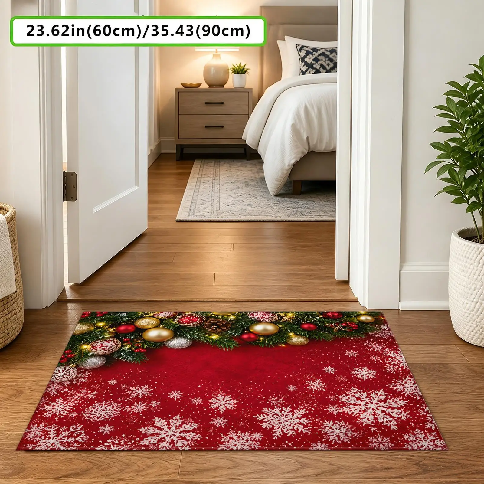 1pc 2D Flat Christmas Snowflake Bauble Pine Garland Printed Floor Mat, Decorative Rug for Living Room, Bedroom, Home