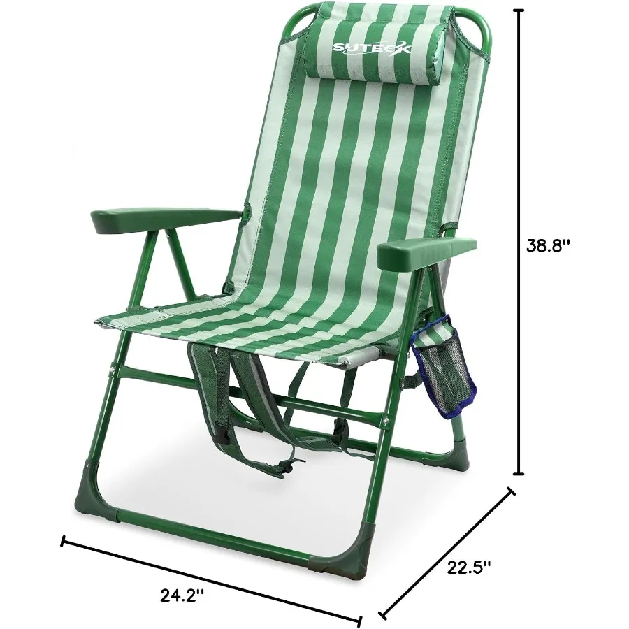 Beach chair for outdoor sand use, aluminum frame with navy blue fabric, 6-position reclining, includes cooler bag and cup holde