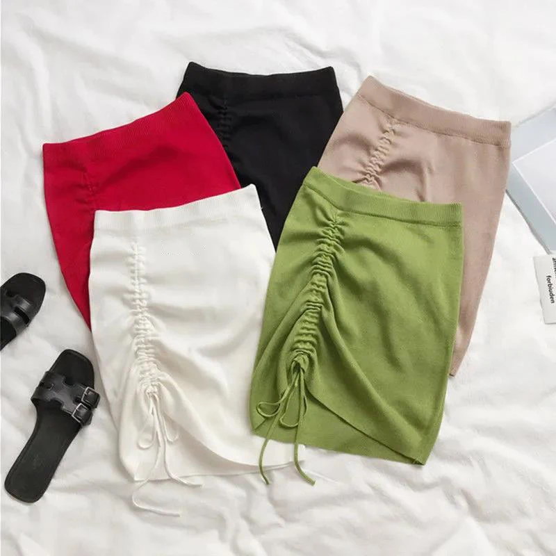White High Waist Stretch Side Drawstring Skirt Women Club Slim Knitted Short Skirt Sexy All-match Fashion Mini Skirt Black