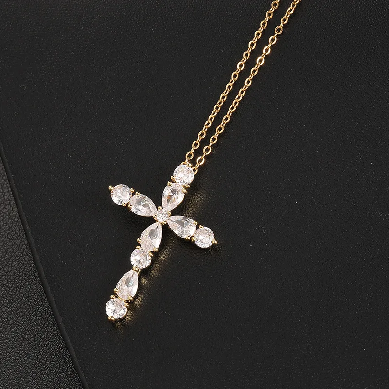 Classic Bright Jewelry Cross Necklace Fashion Personality Innovative Colorful Water Drop Geometric Cross Pendant Lucky Gift