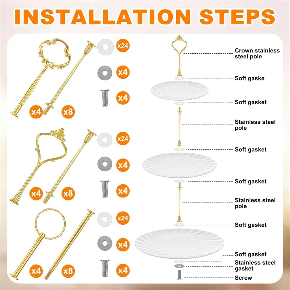 3 Tiered Tray Hardware Kit,Cake Stand Hardware,Stacking Cupcake Stand Fittings,Fruit Cake Plate Handle Fitting Rod