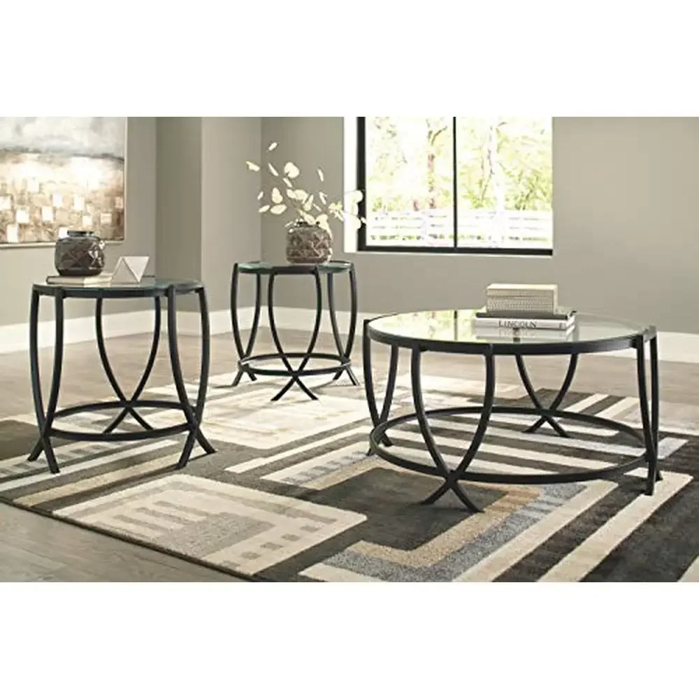 Contemporary Glass Top Round Coffee Table Set 3-Piece Black Metal X-Motif Design Includes 2 End Tables Fashionable & Casual