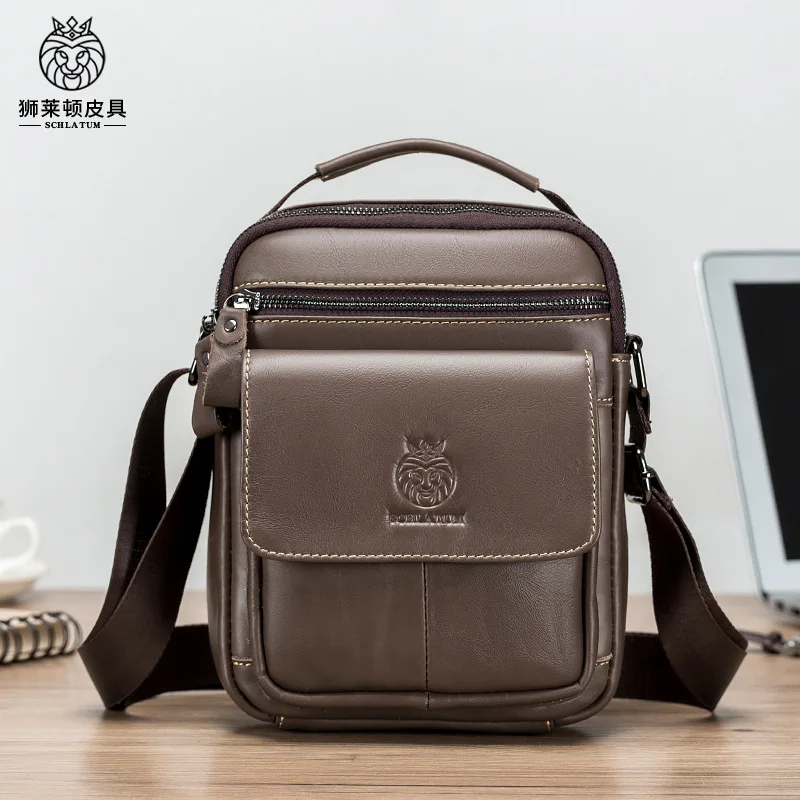 Top-grain cowhide men's single-shoulder bag, crossbody leather hand-held large-capacity hand-held crossbody bag