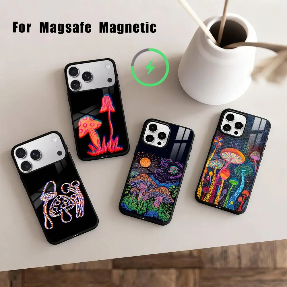 

T-Trippy Psychedelic Mushrooms Phone Case For iPhone17,16,15,14,13,12,11 Plus,Pro Max Magnetic For Magsafe Wireless Charging