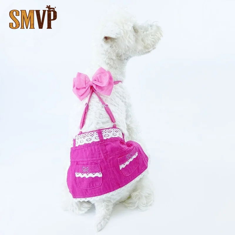Cotton Denim Dog Suspender Dress Lace Trim Bow Decor Pet Dress with Pocket Cute Summer Clothes for Small Medium Dogs Wear