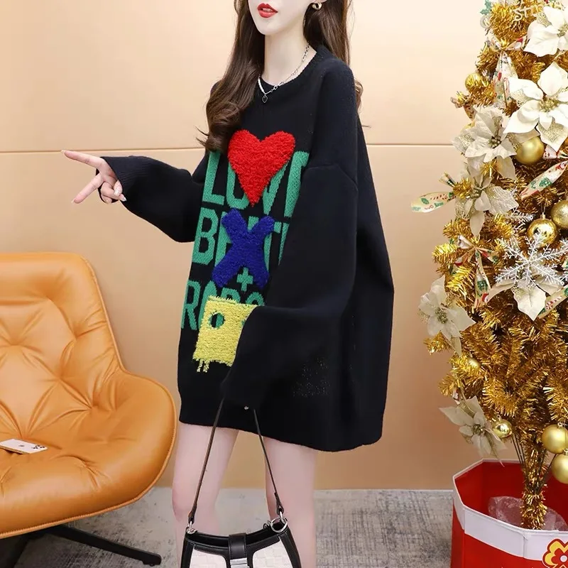 

Hsa Women Long Sweater and Pullovers Long Sleeve Letters Harajuku Pacthwork Cartoon Kawaii Jumpers Loose Chic Tops Pull Femme