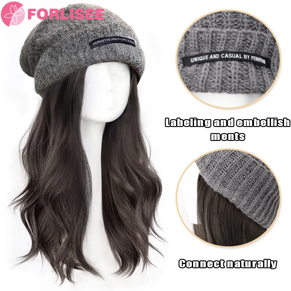 FORLISEE-gorros con pelo para mujer, peluca sintética de pelo largo y rizado de 15 pulgadas, suave y cálido gorro de punto de esquí, para Otoño e