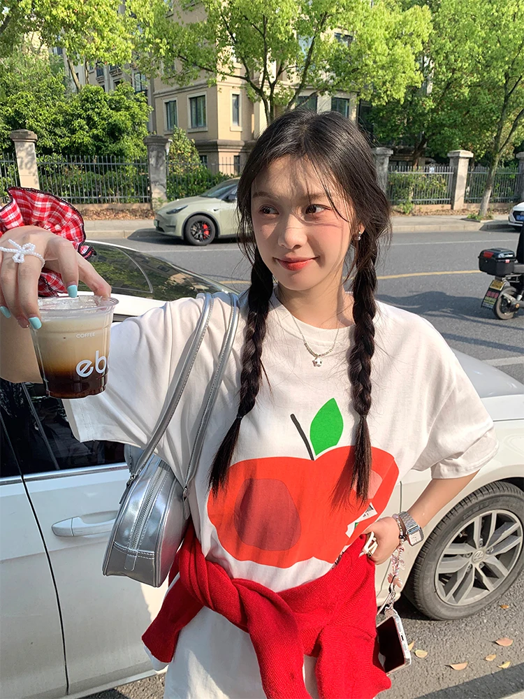 

Свободный летний хлопковый топ с круглым вырезом и крупным принтом в корейском стиле для молодых женщин, с фруктовым узором