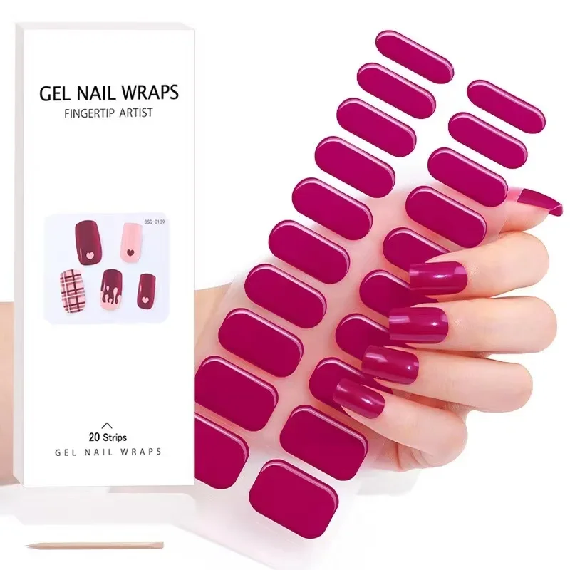 Pure Kleur Semi-Uitgeharde Gel Nagelstickers 20Tips Uv/Led Baklamp Gel Nagellak Wraps Glitter Volledige Cover Gel Sticker Manicure