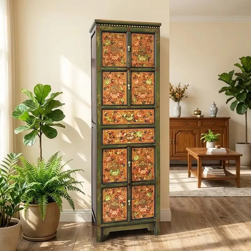 Solid Wood Side Cabinet Hand Painted Retro Medieval Modern Furniture
