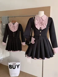 Women Korean College Preppy Mini Fake Two Pieces Shirt Dress Korean Chic Girl Bow Frock Long Sleeve One-Piece 2000s Sweet Y2k