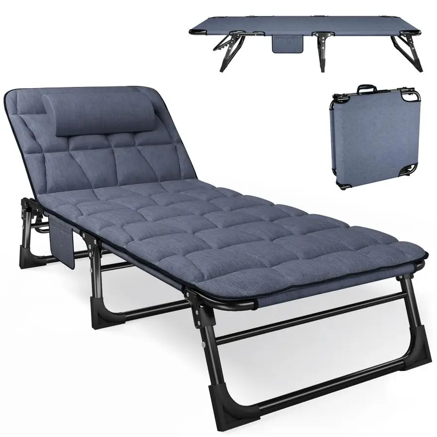 

Folding Camping Cot for Adults with Padded Mattress and Pillow, Adjustable Reclining Lounger Sleeping Cot Bed, Ideal for Camping