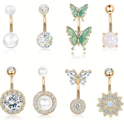 Drperfect 1PCS Stainless Steel Belly Button Ring Belly Rings for Women Pearl Sparkling Belly Piercing Butterfly Piercing Jewelry