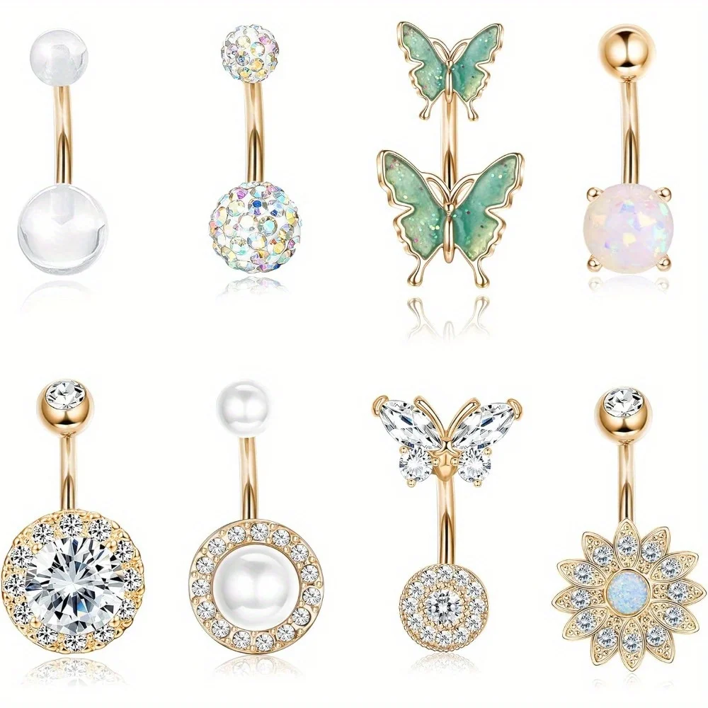 Drperfect 1PCS Stainless Steel Belly Button Ring Belly Rings for Women Pearl Sparkling Belly Piercing Butterfly Piercing Jewelry