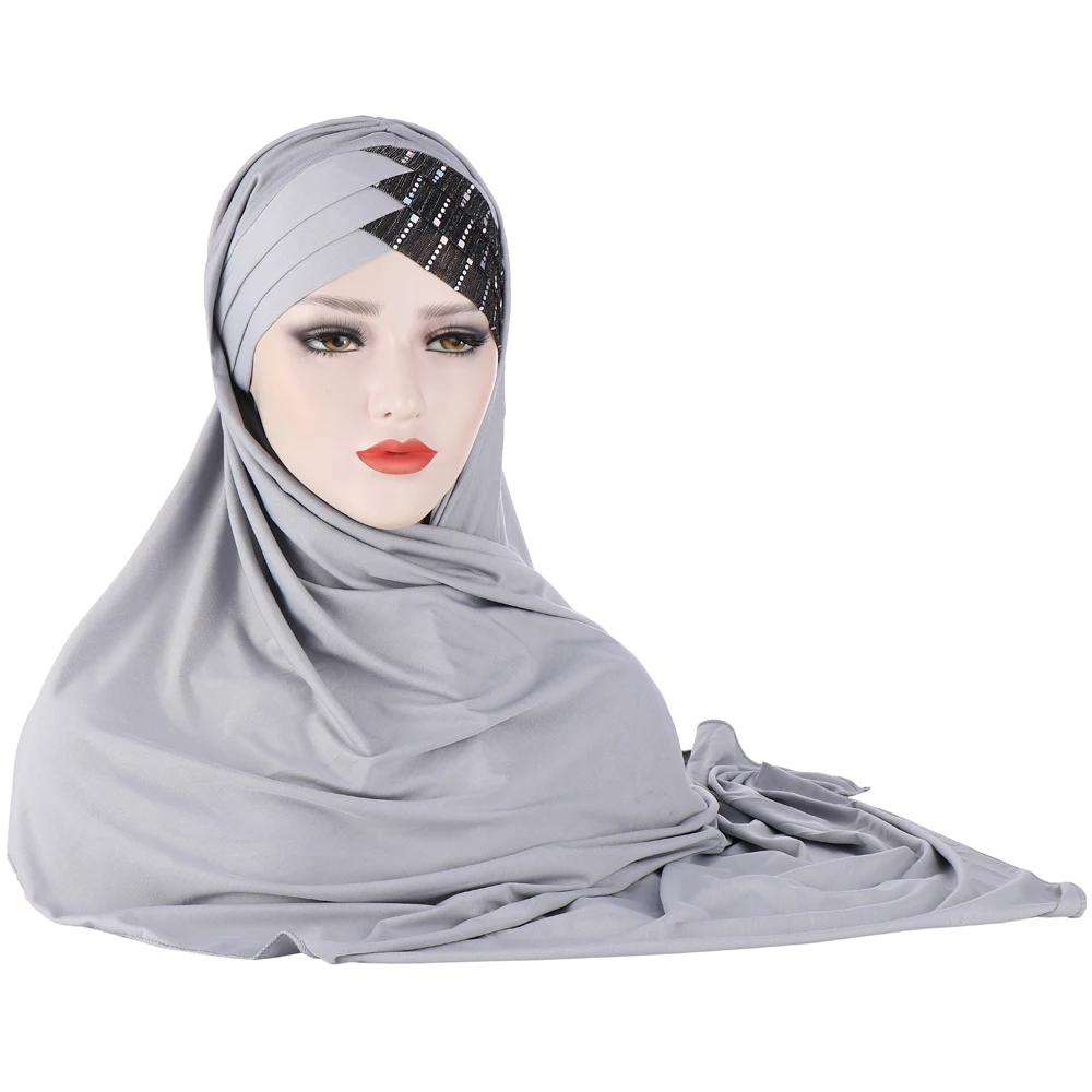 

2025 New Sequins Glitter Forehead Cross Muslim Hijab Scarf Ready to Wear Turban Hijabs Islamic Women Headscarf Female Head Wraps