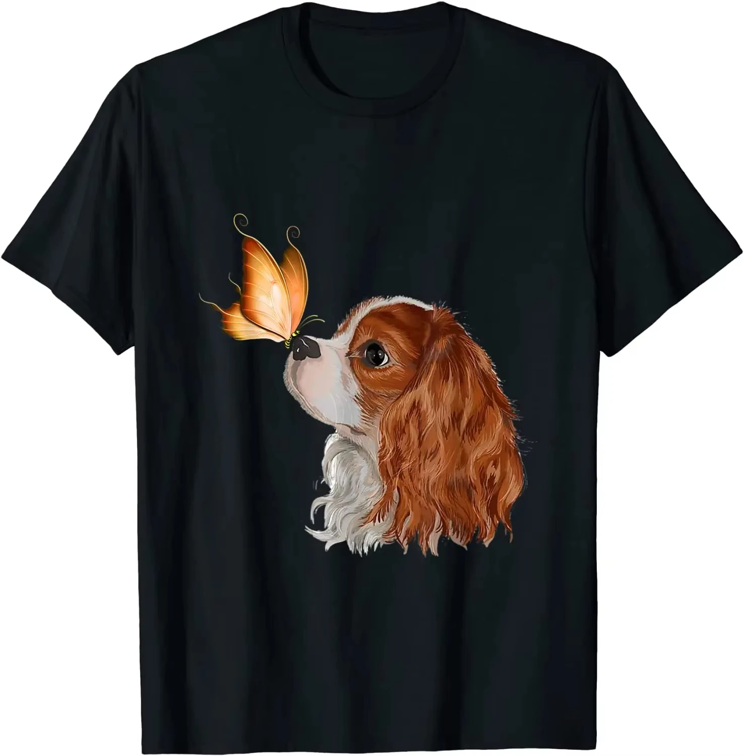 Cavalier King Charles Spaniel & Butterfly Graphic T-Shirt, Unisex Dog Lover Tee, Aesthetic Summer Casual Fashion Tops