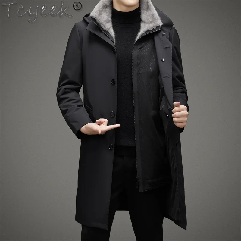 Tcyeek Real Mink Fur Coat Men Winter Clothes Mid-length Mens Parka Warm Real Fur Coats Hooded Trench Coat 2025 Куртка Мужская