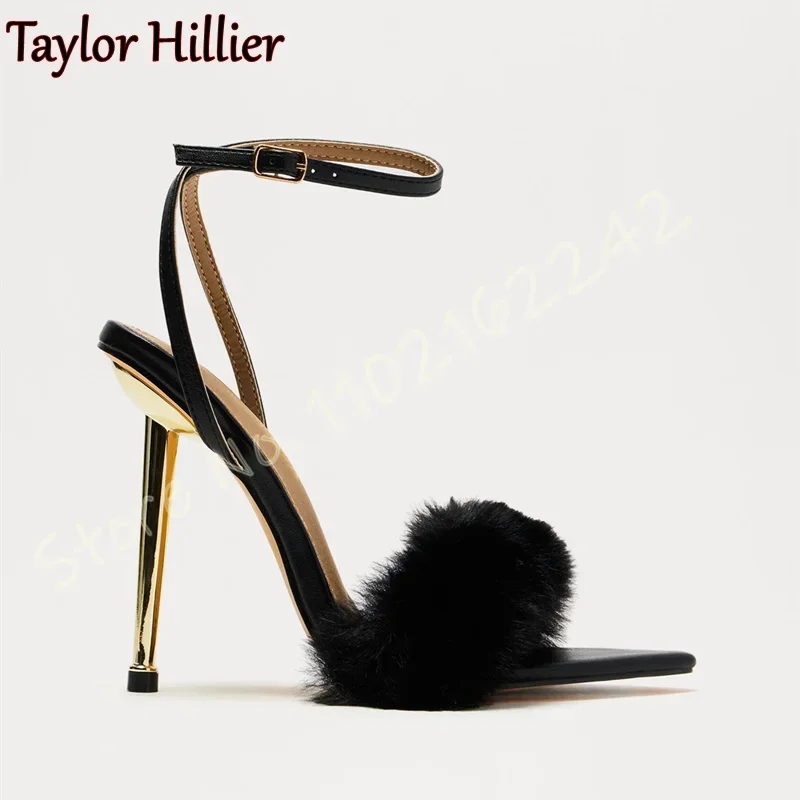 

Summer New Pointed Furry High Heels Open Toe Metal Heel Buckle Strap Modern Sandals Black Party Dance Dress High Heels Women 43