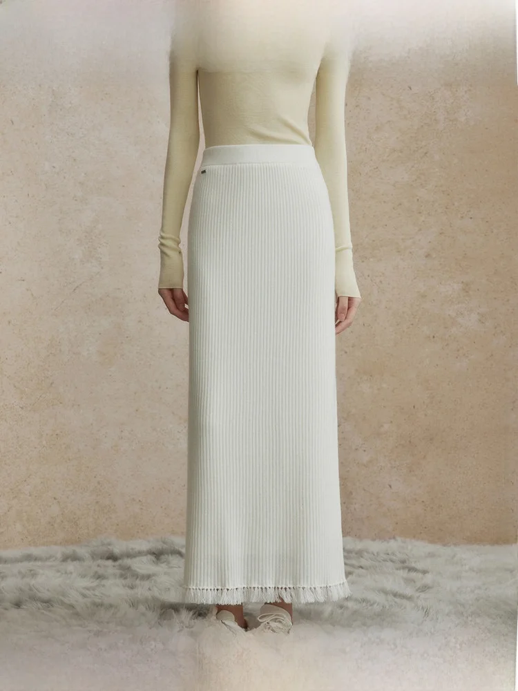 

ZhiZhi Zuidong Mountain Camere Fringed Hem Midi Skirt Women's Loose Fit Lengthening Legs White Color High Waist A-Line Skirt