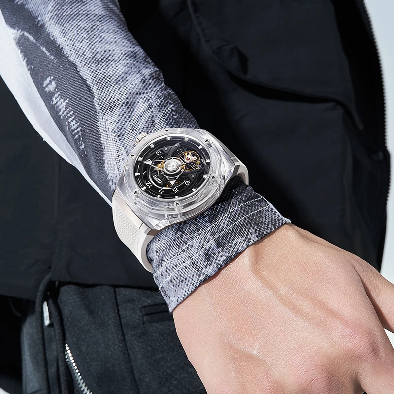 BONEST GATTI Automatic Watch Transparent Case Mechanical Wristwatch Rubber Strap Skeleton Dial Watches For Men