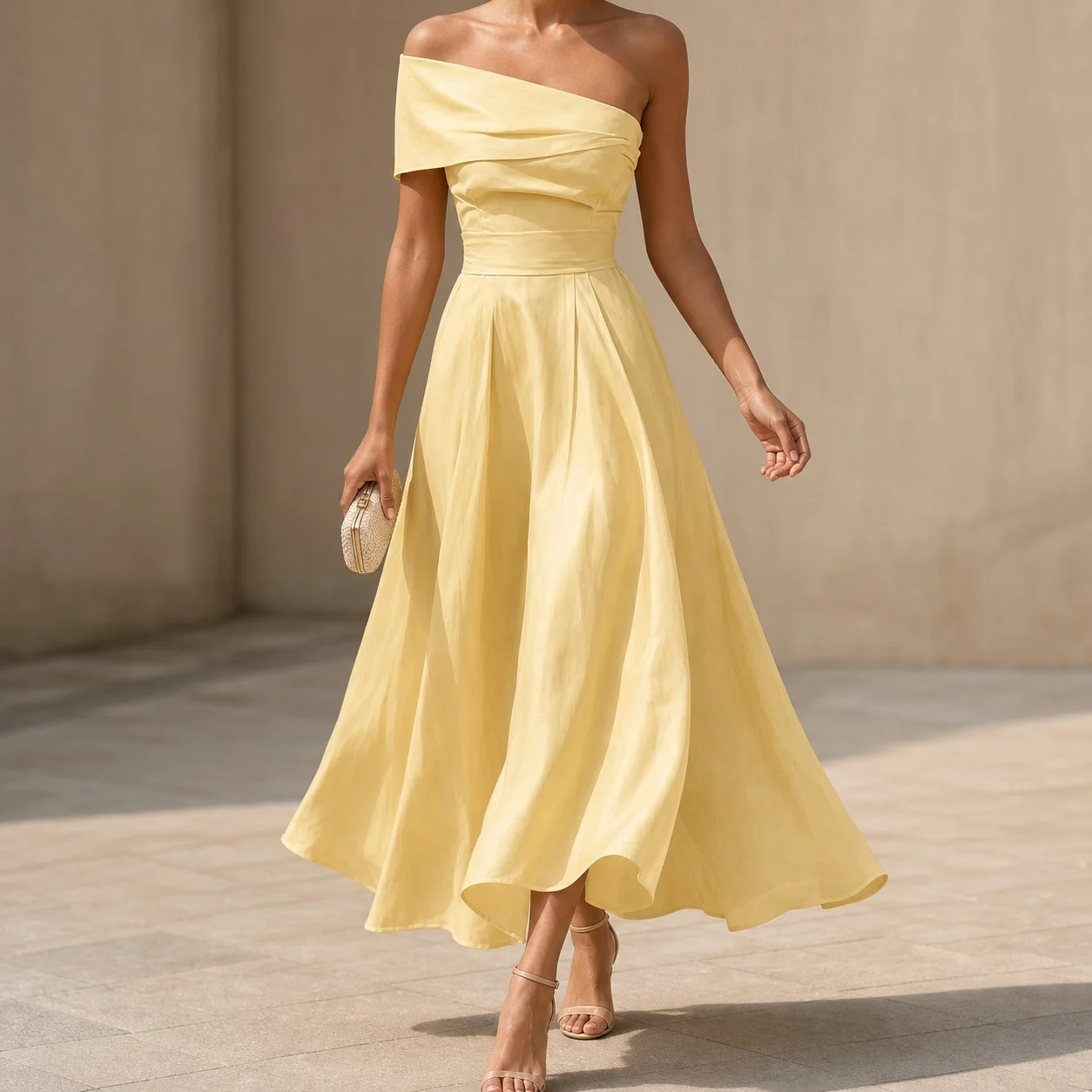 Elegant Off Shoulder A Line Dress for Wedding Guest Summer Party Prom - Short Sleeve Solid Color Knee Length Woven Fitted Waist