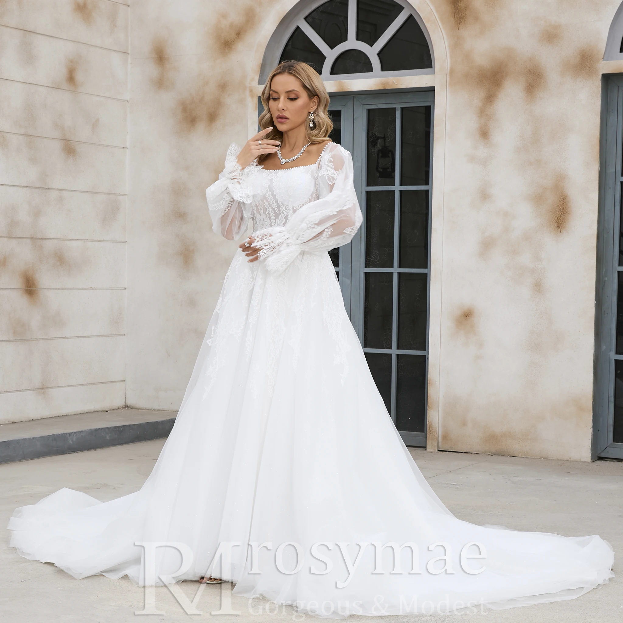 Rosymae off-the-shoulder gezwollen trouwjurk met lange mouwen, bruidsjurk