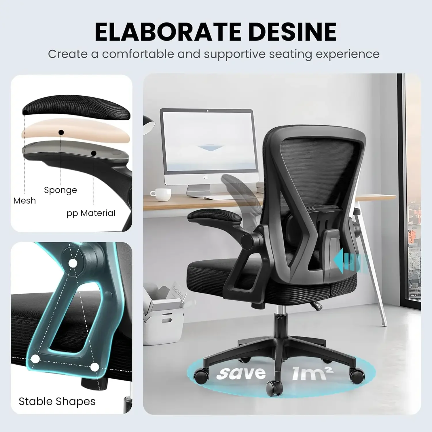 كرسي مع مساند للذراعين قابلة للتعديل لدعم قطني، كرسي مهام تنفيذي مع ظهر مرتفع لكرسي دوار للمكتب المنزلي #5