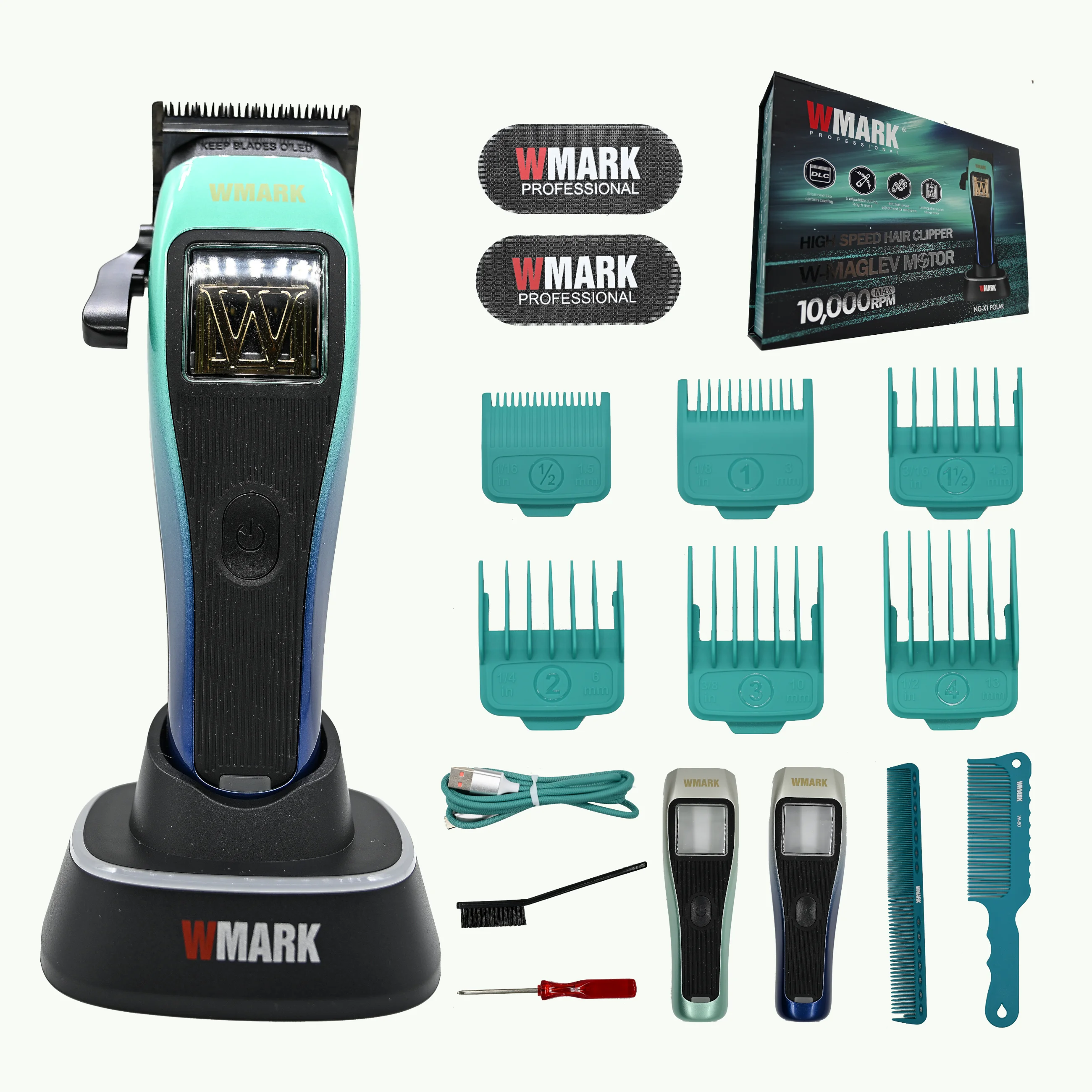 Fade Hair Clippers for Men 10000RPM WMARK NG-X1 Polar Green Vector Motor DLC Coated Blade 5-Level Taper Lever 6 Magnetic Guards