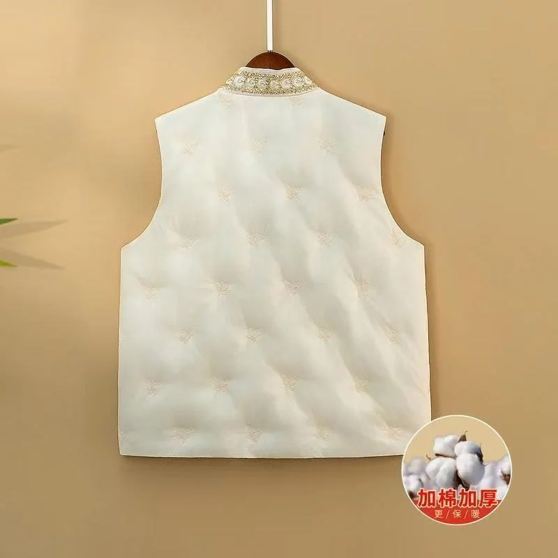 새로운 중국어 v-목 수 놓은 솔리드 컬러 느슨한 따뜻한 면화 조끼 여성 가을 ​​겨울 새로운 패딩 양복 조끼 코트