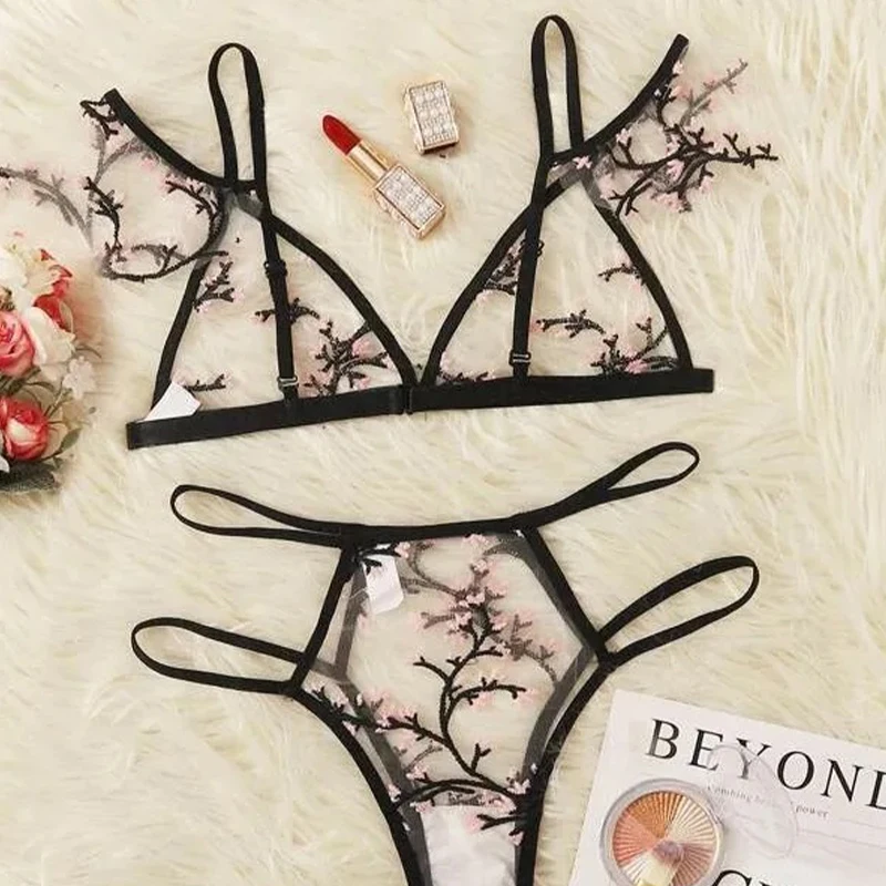 Conjunto de ropa interior Sexy para mujer, conjunto de lencería de malla transparente con bordado Floral, sin sujetador, Bralette sin espalda, conjunto de Sujetador de encaje íntimo sexi