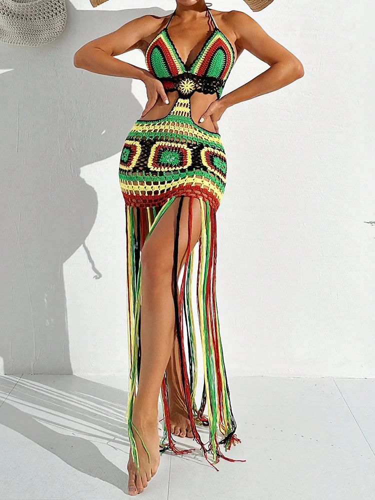 المرأة الصيف الكروشيه الرسن العميق الخامس الرقبة التستر متعدد الألوان ملابس السباحة طويلة شرابة بيكيني فستان منسوج التستر عارية الذراعين بحر