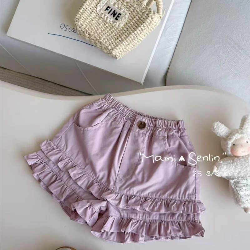 Girls' Shorts Summer New Korean Version Children's Versatile Loose Solid Color Lace Pure Cotton Casual Pants for Baby Girls