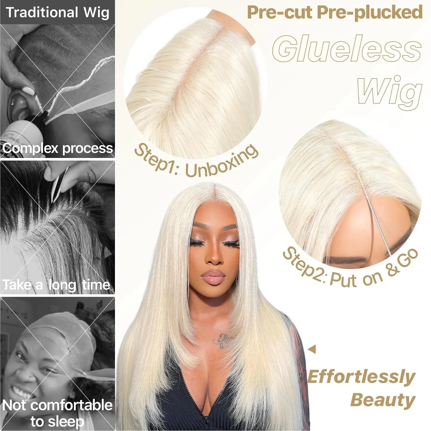 Weiße Perücke, geschichteter Schnitt, gerade Spitze-Frontal-Perücke, vorgezupft, 13 x 4 HD-Spitzenperücke, leimlose synthetische, hochwertige, hitzebeständige Perücke