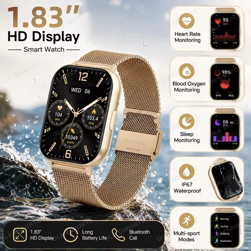 New 1.83‘’ HD Screen Fashion Smart Watch Women Bluetooth Call Custom Watch Dial Bluetooth Voice Calls Waterproof Smartwatch HW12