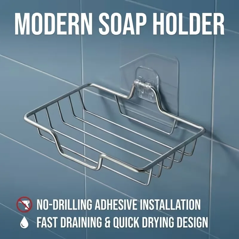 Multi-Purpose under Sink Organizer Silvery Stainless Steel Soap Dish Wall Mounted No Drill Soap Holder with Drainage 1/2/3pcs Se