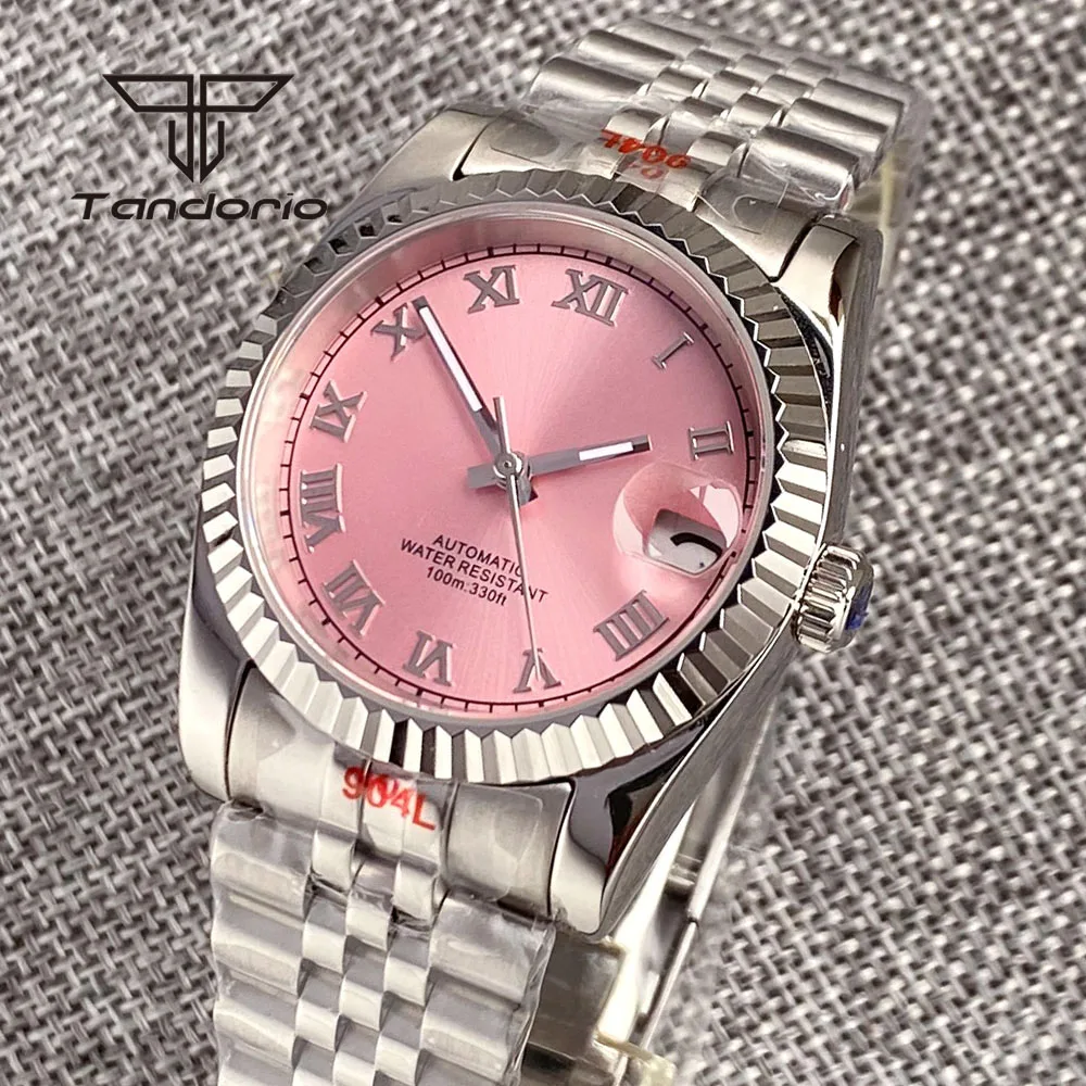 Tandorio Pink Sunburst Dial NH35 36mm/39mm Mechanical Automatic Watch for Men Lady Roman Marks Sapphire Crystal Date Luminous