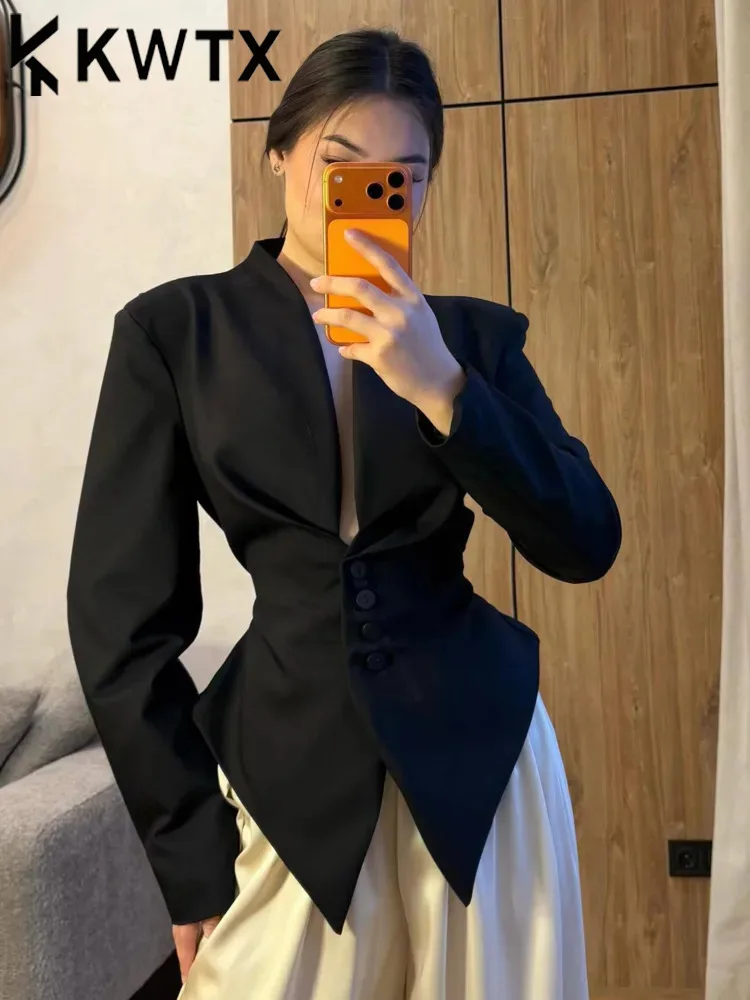 

KWTX Women's Spring Summer Mandarin Collar Single Breasted Asymmetrical Blazer Formal Office 2026 Trendy Feminine Fashion Blazer