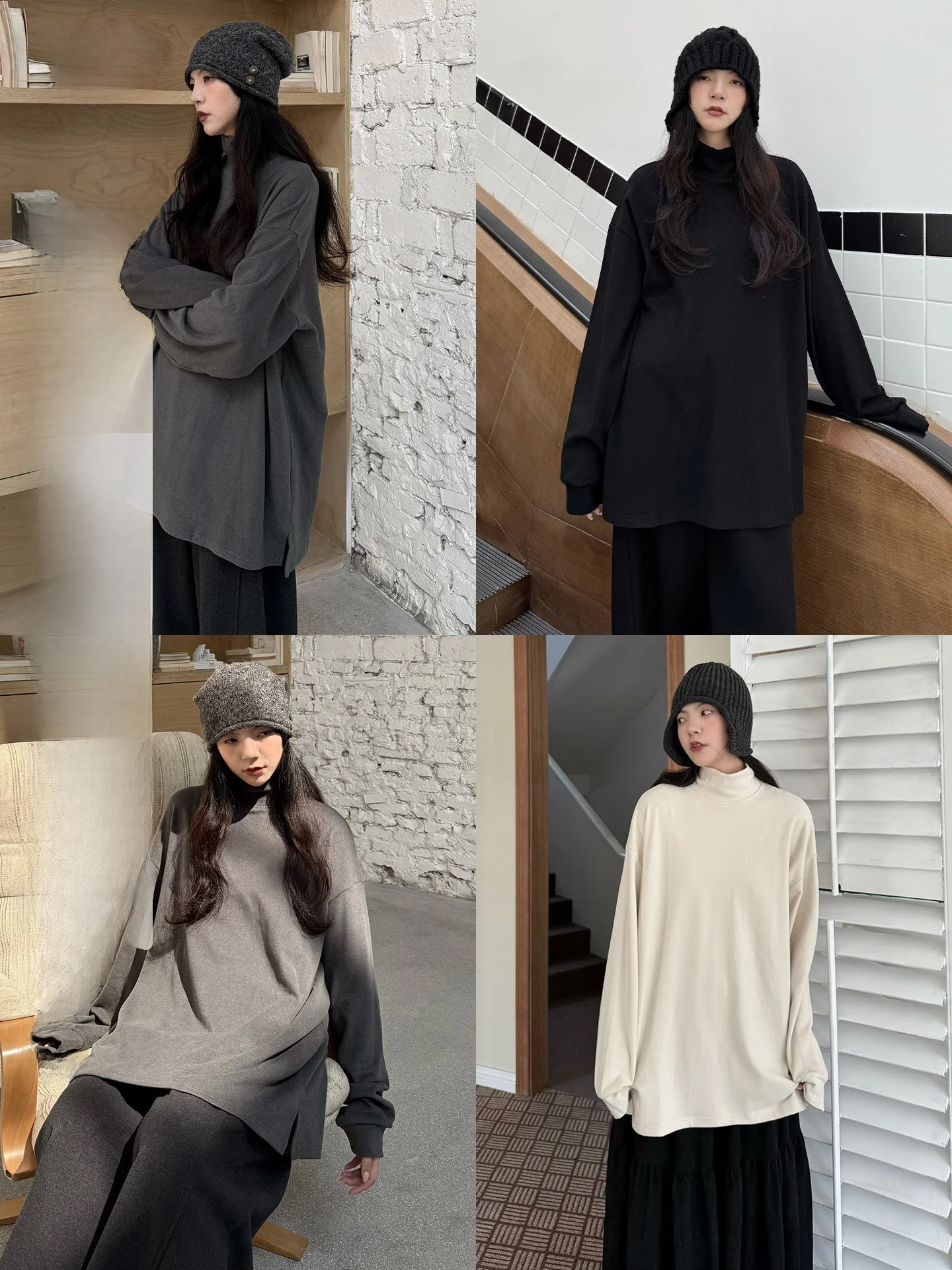 Loose Fit High Collar Long Sleeve Fleece Lined Base Layer Shirt Inner Wear T-Shirt Women's Autumn Fashion Polyester Blend