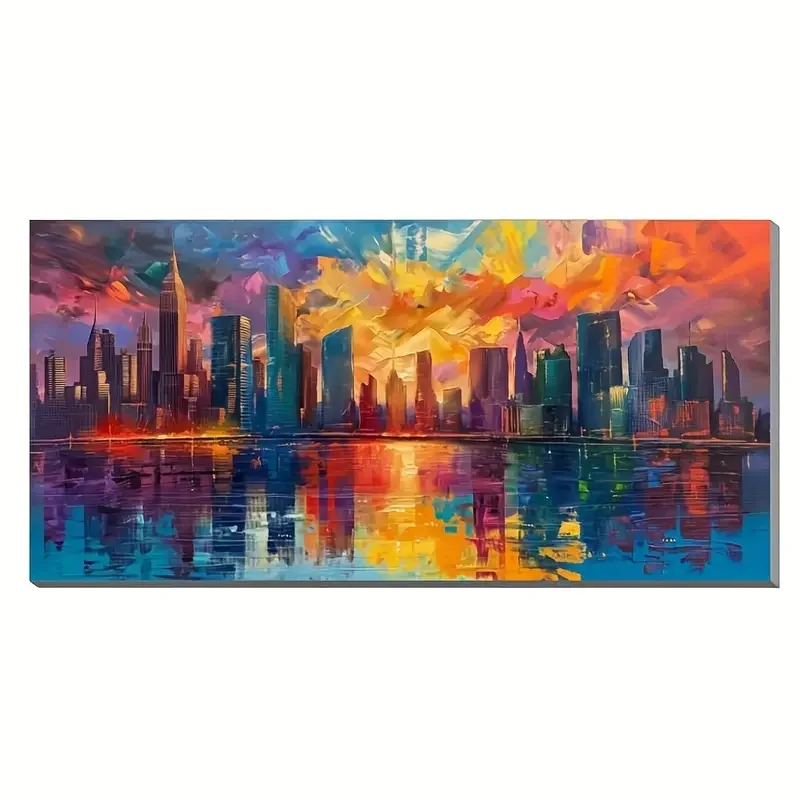 1pc Colorful New York City Skyline Canvas Print Unframed Abstract Sunset Manhattan Skyscraper Reflection Wall Art