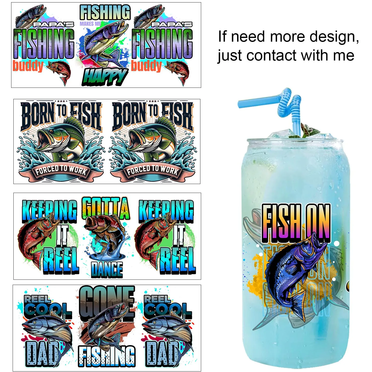 

Outdoor fishing easy peel waterproof Party DIY Decals 3D transfers uvdtf tumbler seal stickers 16oz uv dtf cup wraps
