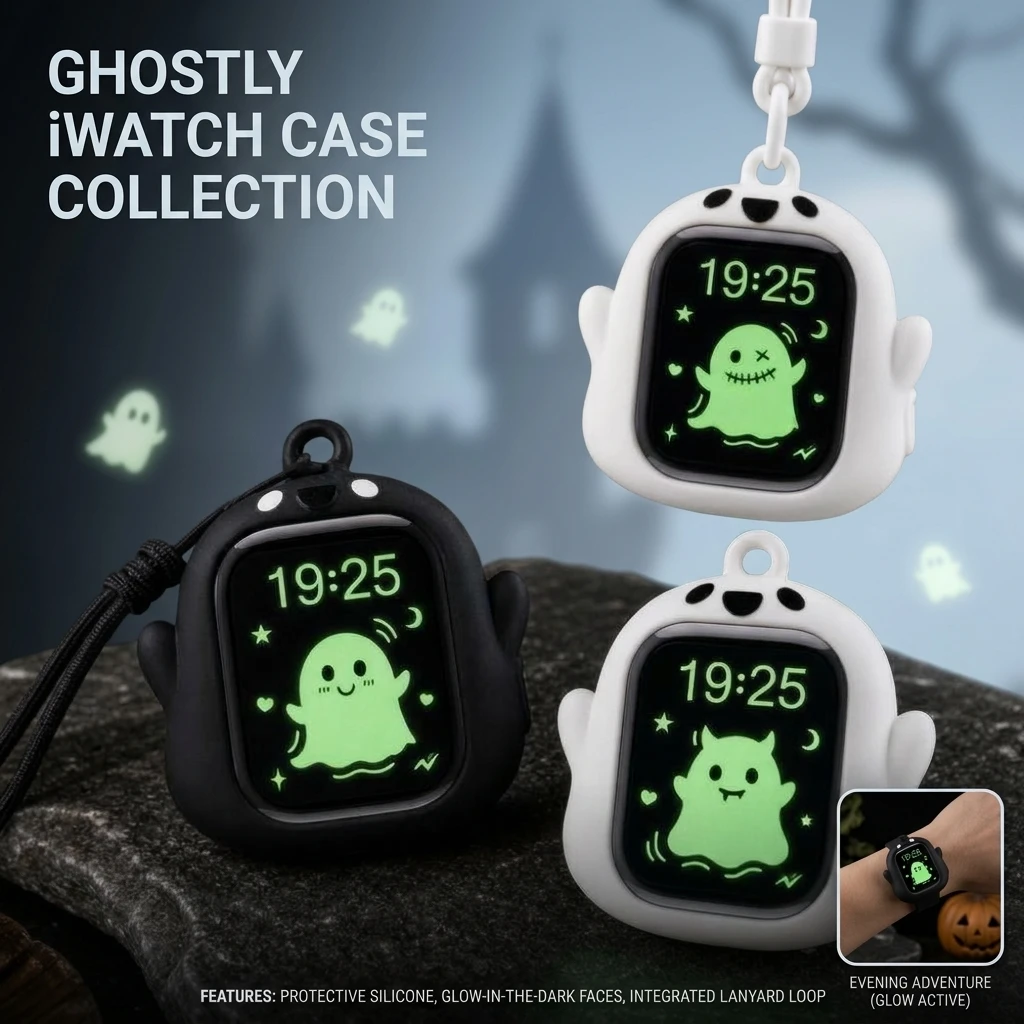 Night Glow Ghost Case For Apple Watch Series 11 10 9 8 Ultra Luminous Cute Silicone Protective Cover Lanyard Keychain Gift