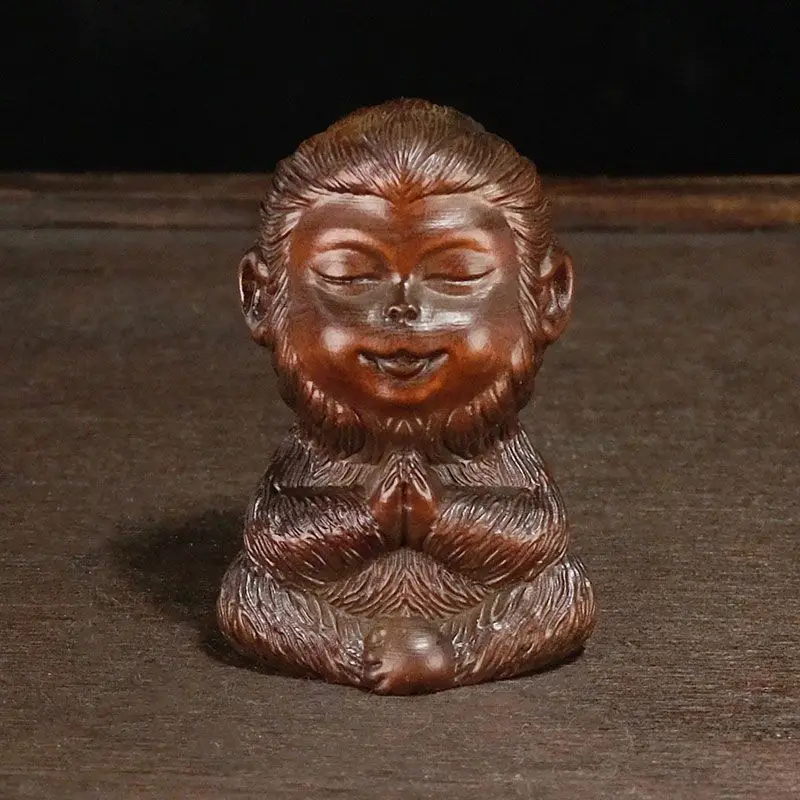 Hand Carved Wood meditation monkey Sun Wukong Statue Figurine Desktop Ornaments Home Decoration Crafts Tea Pet Decor