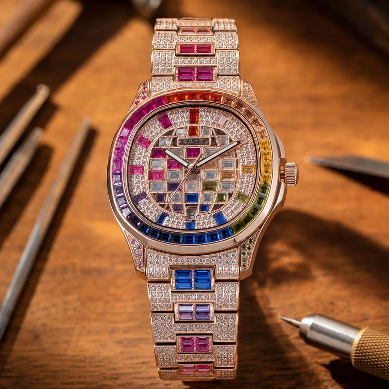 OBLVLO FM-DSL-AD Men's Luxury Mechanical Watch Hand-Set Rainbow Crystal Bezel Miyota Movement Rose Gold Iced Steel Wristwatch