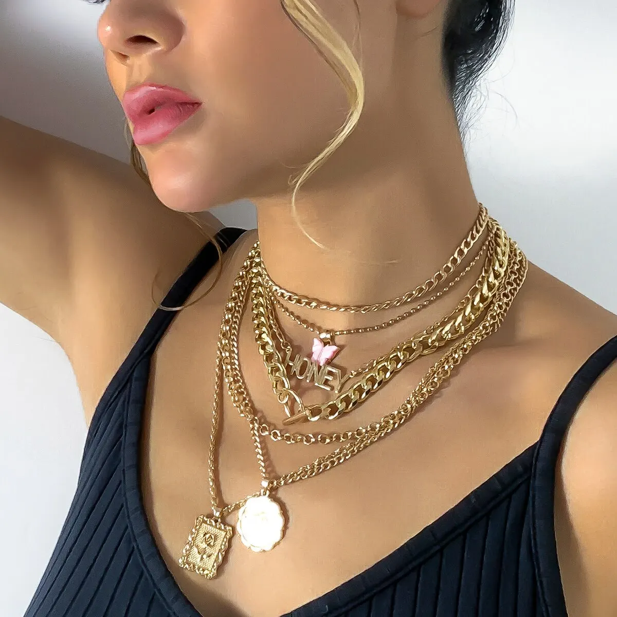 7Pcs/Set Punk Butterfly Coin Rose Flower Pendant Necklace for Women Vintage OT Buckle Honey Chain Grunge Jewelry Steampunk New image 3