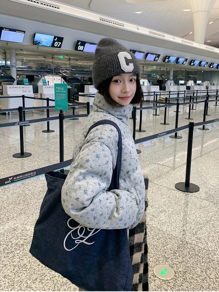 Sweet Floral Print Down Cotton Coat Women Winter Warm Short Tops All-match Cropped Jacket Thick Loose Windproof Outerwear New