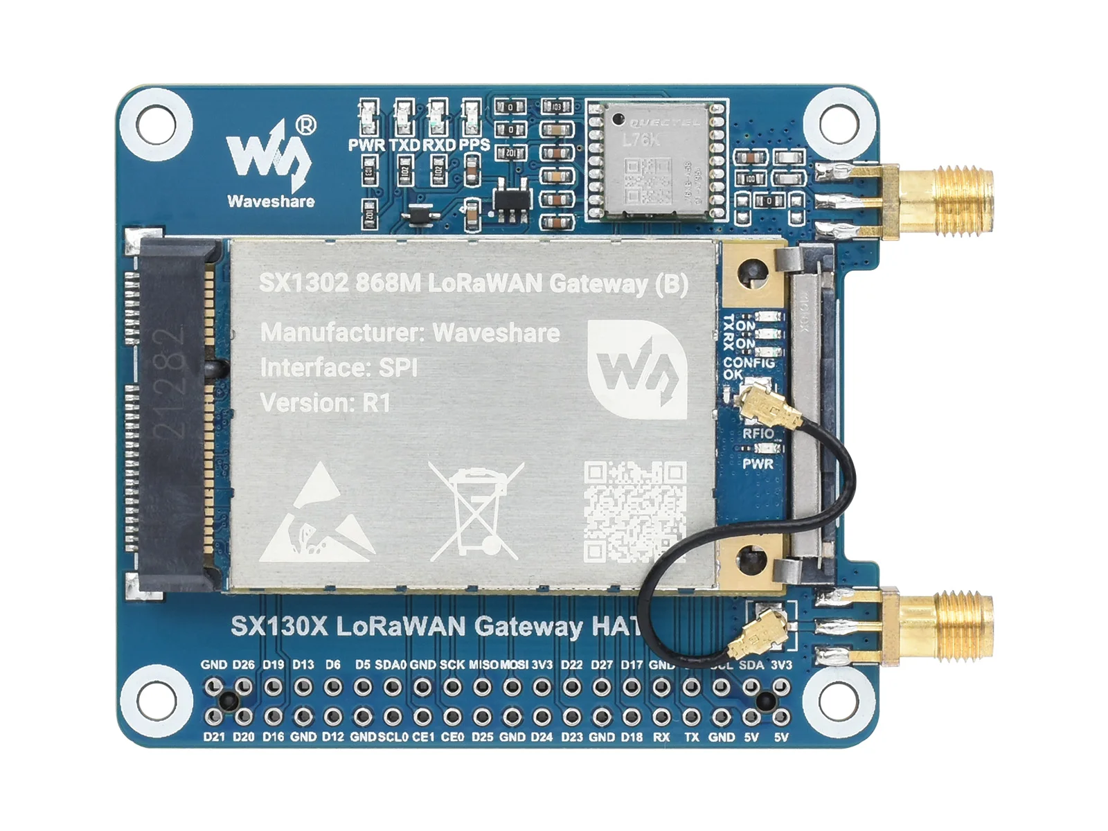 Waveshare sx130x 868m/915m módulo de gateway loRaWAN/chapéu para raspberry pi, soquete mini-pce padrão, transmissão spi de longo alcance