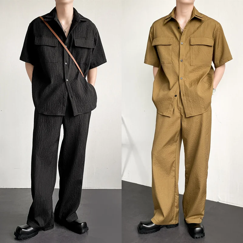 

2023 Spring Summer Men's Pleated Suit Casual Short Sleeve Two-piece Set Fashion Solid Color Korean Male Clothing Men's Sets