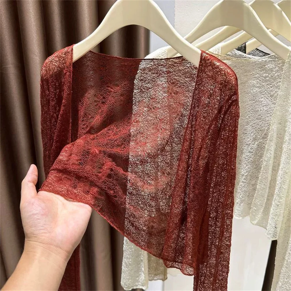 

Сплошной цвет, простая кружевная сетчатая шаль с длинными рукавами, женская весна 202, корейская новая верхняя одежда, кардиган, летняя одежда